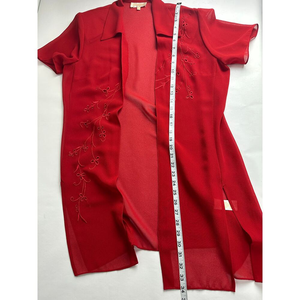 Vintage Studio I Sheer Red Embroidered Cardigan Open Front Mesh Blouse Medium 10 - Picture 6 of 8